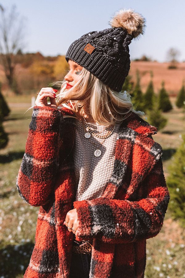 Fall Hike Faux Fur Pom Beanie in Dark Grey