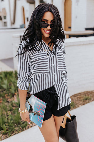 Throwback Stripes: Button-down shirt, Denim shorts & Wedge sandals