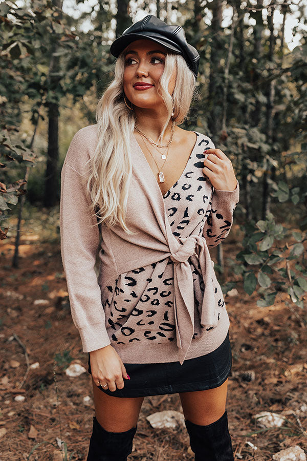 The Chill Down Leopard Wrap Sweater In Warm Taupe