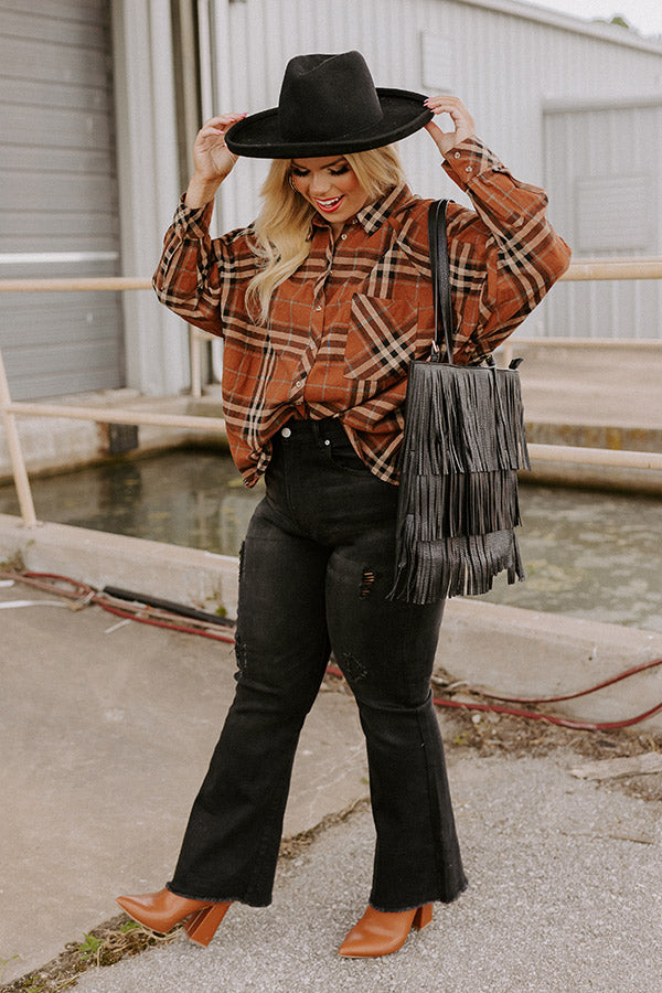 Wait List Plaid Top In Dark Camel Curves