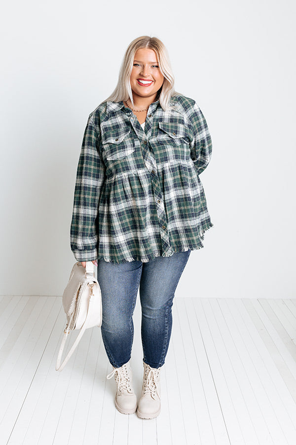 Western Skies Flannel Babydoll Top In Green Curves