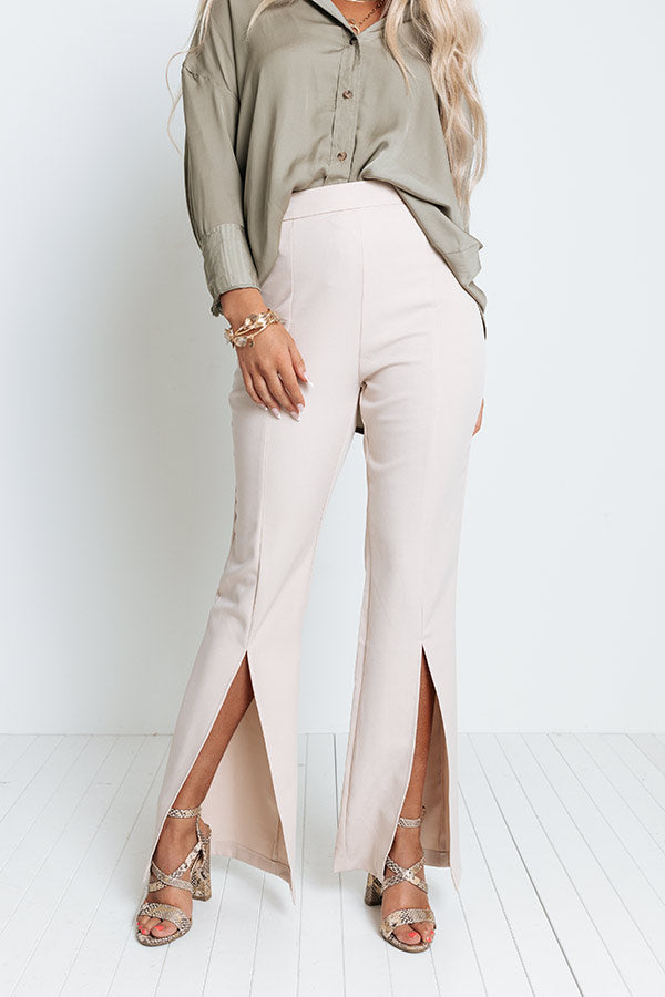 Beige High Waist Wide Leg Pants|241013201-Birch