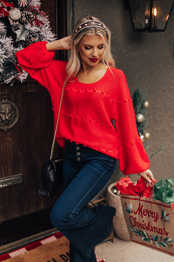 Holiday Red Pom Pom Sweater-Red