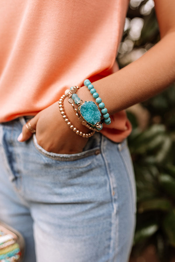 Champagne Secrets Druzy Stone Bracelet Set In Turquoise