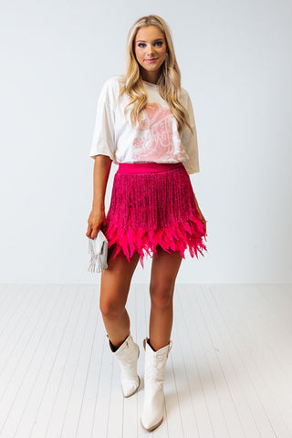 Hot Pink Feather Fringe Hem Skirt - Bloom and Company