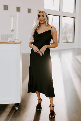 Classy And Confident Satin Midi In Black • Impressions Online Boutique