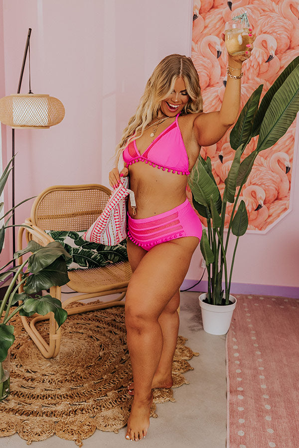 Cozumel Adventure High Waist Pom Bikini Bottom in Hot Pink Curves •  Impressions Online Boutique
