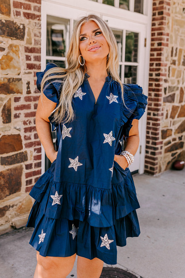 Under The Stadium Lights Ruffle Mini Dress in Navy Curves