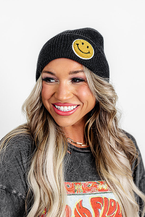 Friendly Smiles Knit Beanie in Black