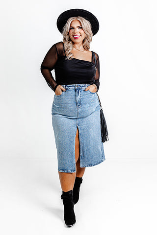 Midi Skirt In Plus Size With Patch Detail and Frayed Hem - Clean Seline  Blue | NYDJ