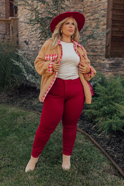 woman denim and red outfit