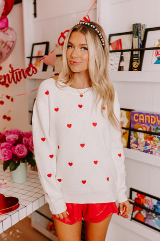 Candy Heart Conversations Embroidered Sweater in Hot Pink