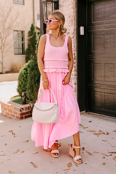 Hot Pink Shoulder Tie Tiered Maxi Dress-Plus - Sprinkle of Joy Boutique