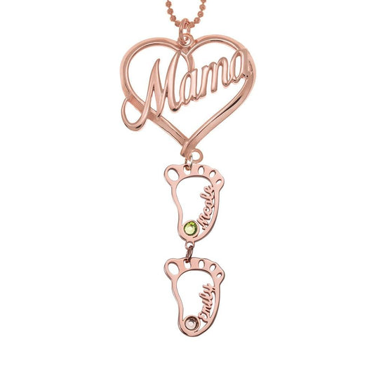18K Gold Plating Personalized Mama Heart Pendant Birthstones Name Necklace - #Czowl#