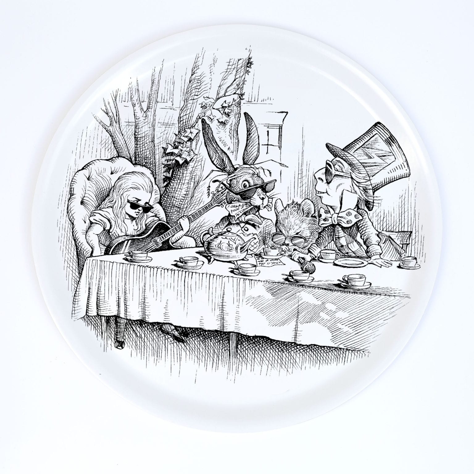 A modern version of the Mad Hatter's Tea Party, decorating a plate.
