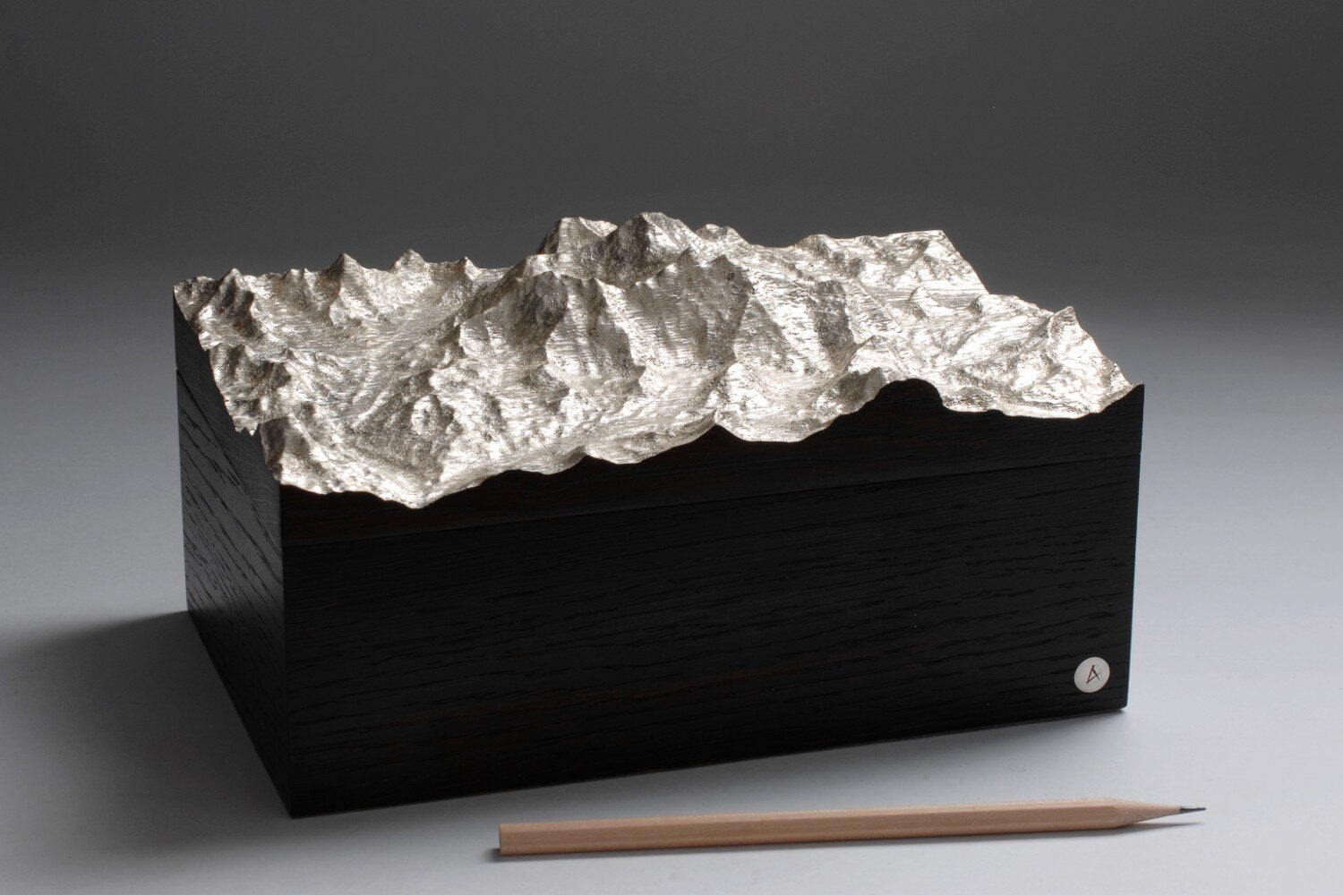 Wooden box with a landscape carved into the lid. Silver landscape finish. Dark wood sides.