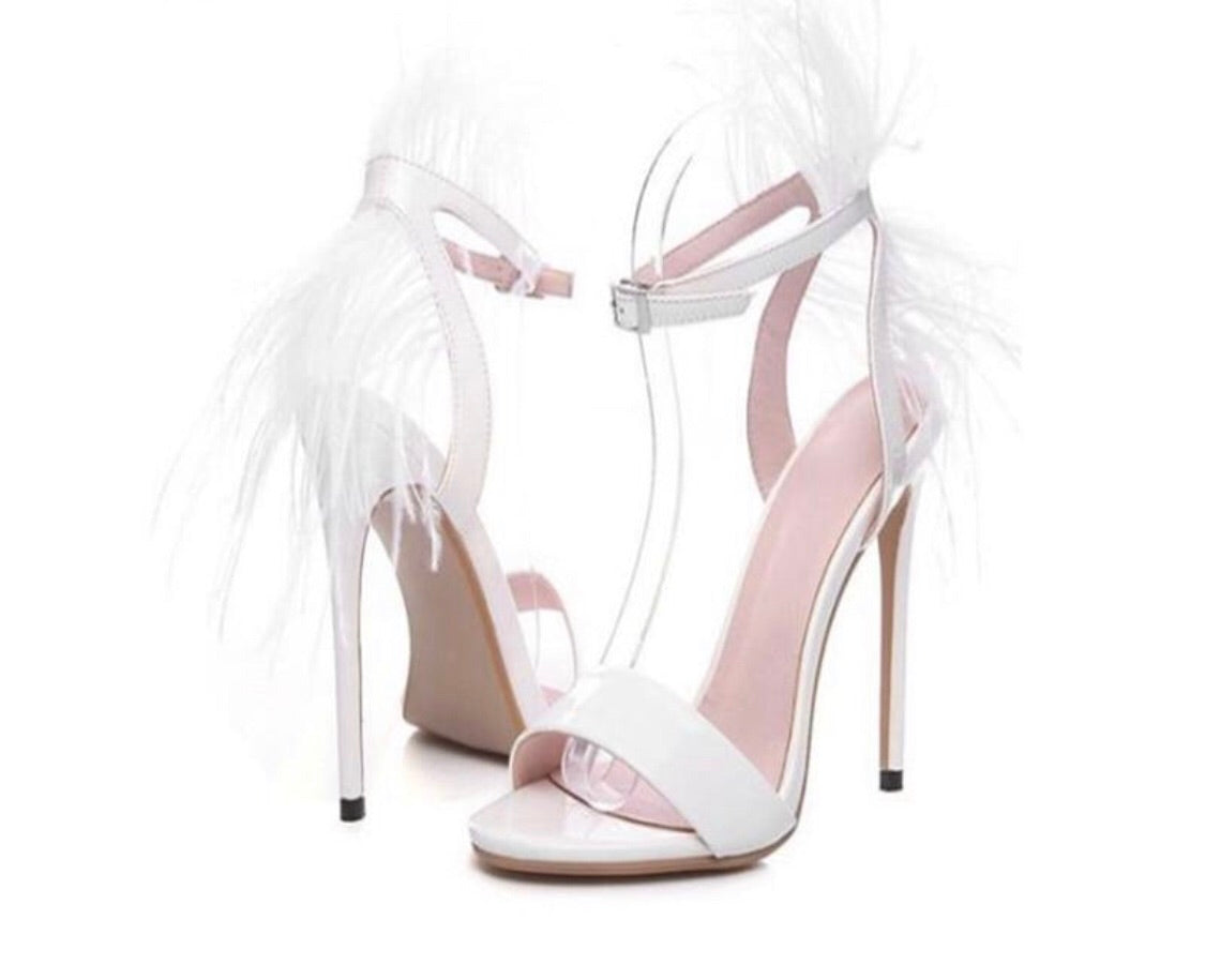 white feather heel sandals