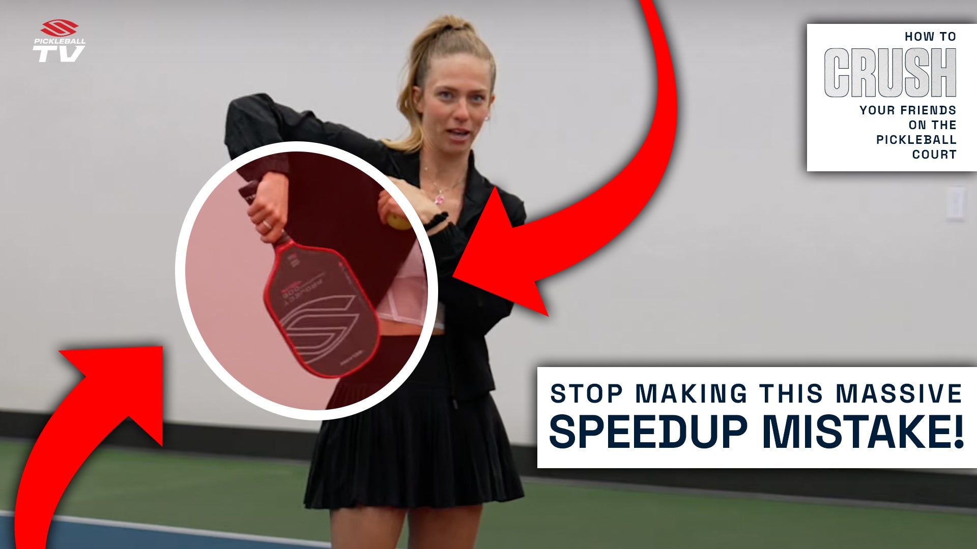 Kaitlyn Kerr demonstrates the awkward position your arm is put in, often called the chicken wing, when you aim a speed-up at your opponent's dominant shoulder.