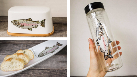 Beurrier, assiette de présentation et bouteille d'eau avec infuseur design poisson