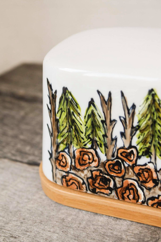 Hand painted rustic boreal design butter dish by Pero