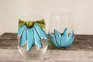 Blue Flower Stemless Wine Glasses Duo