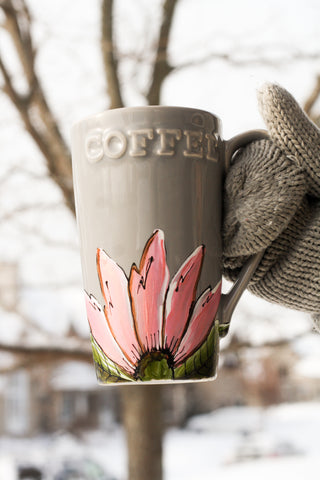 Pero pink flower gray mug by Sophie Perreault