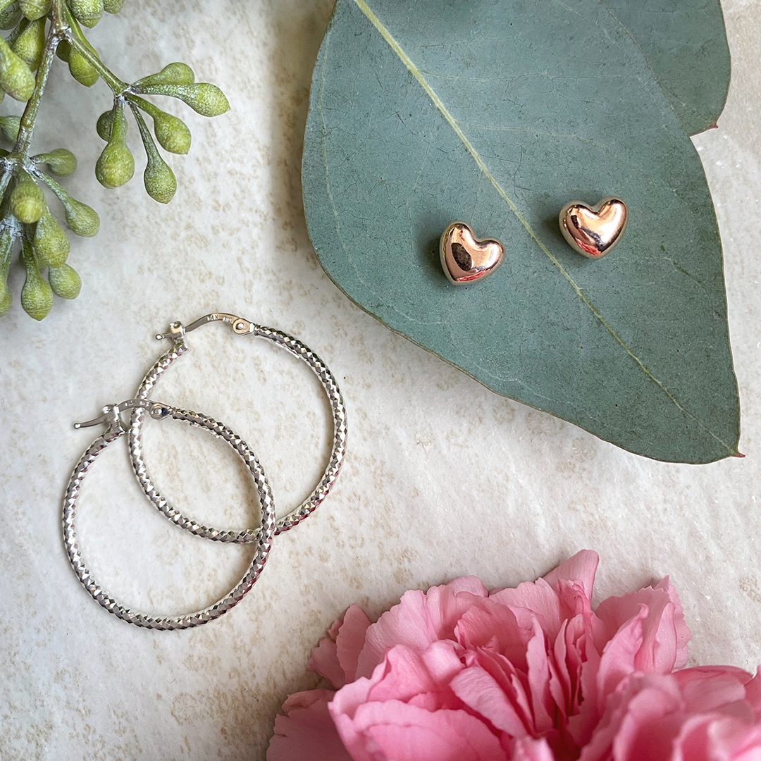 14kt White Gold Diamond Cut Hoop Earrings and Rose Gold Heart Studs