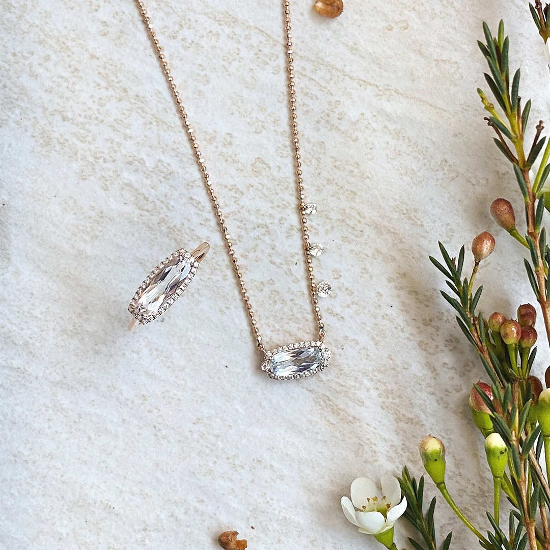 Geometric White Topaz Diamond Ring and Aquamarine Diamond Necklace