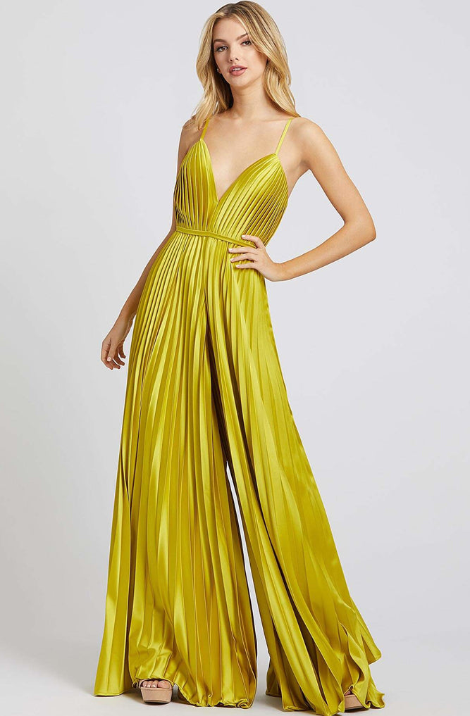 Chartreuse Pleated Wide Leg Jumpsuit by Mac Duggal - RENTAL | The Fitzroy