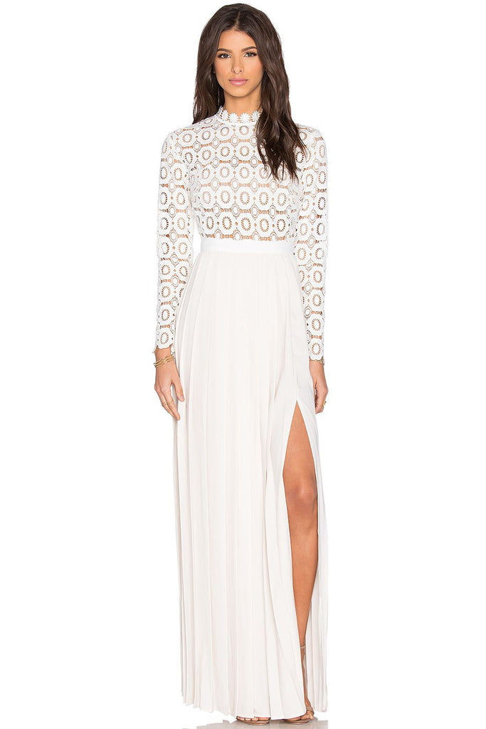 crochet detail pleated dress white