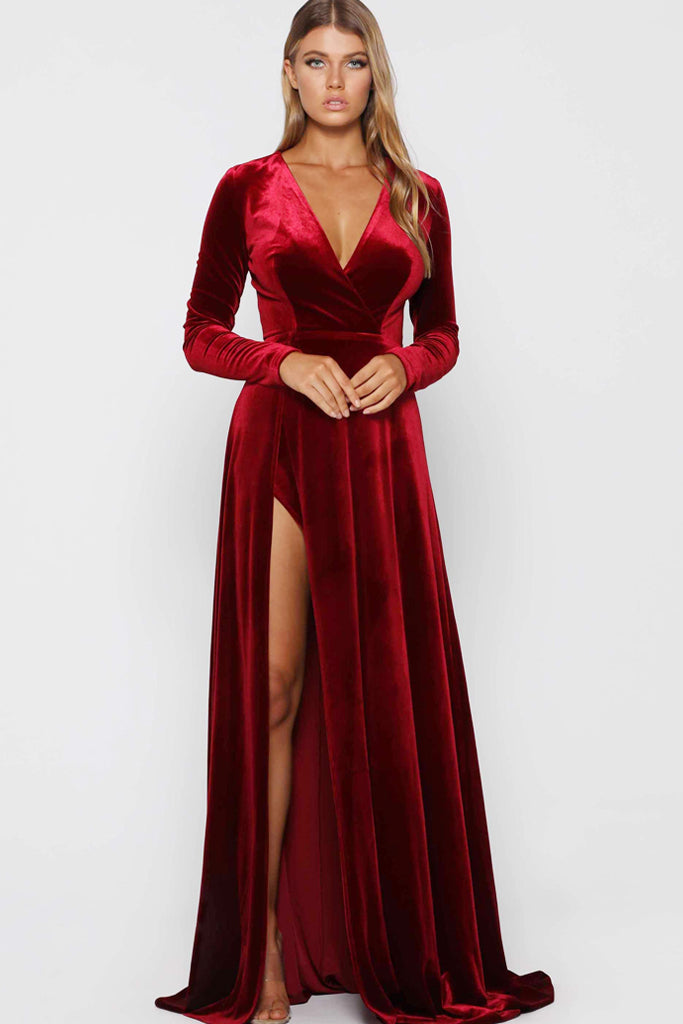red velvet dress with sleeves