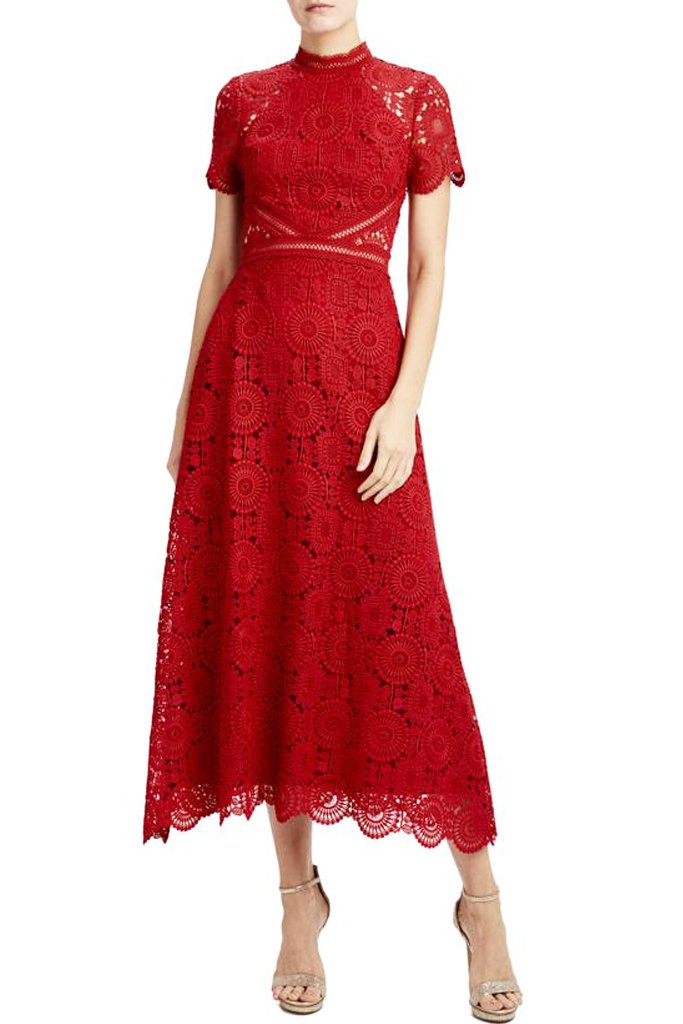 red lace midi dress with sleeves