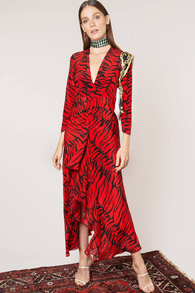 Rose Silk Dress in Red Tiger Print by 