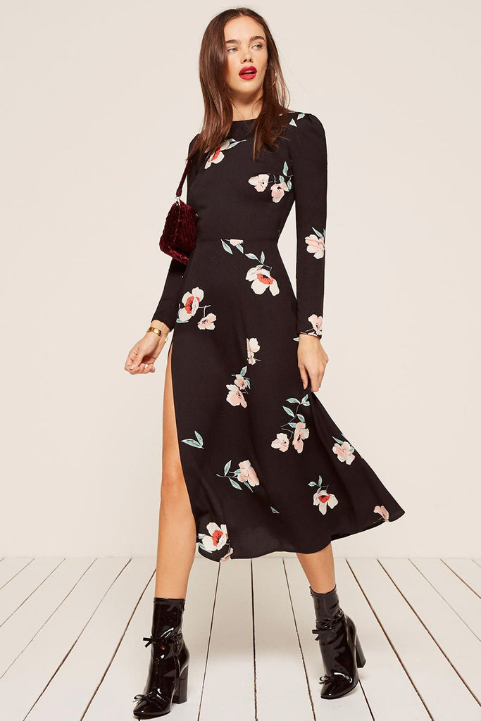 reformation black floral dress