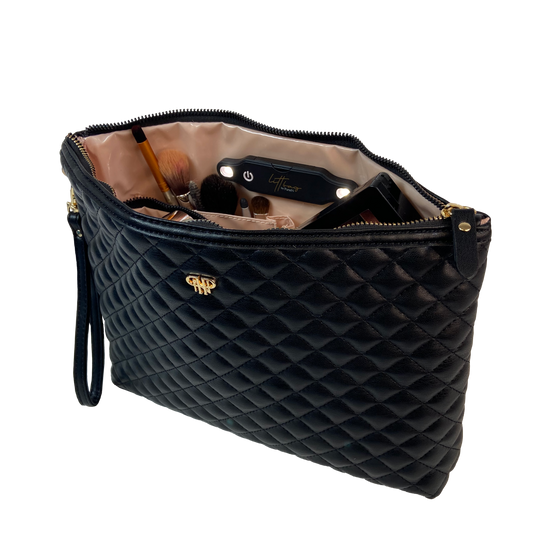 Pursen Classic Small Makeup Bag - Black Quilted Vegan Leather