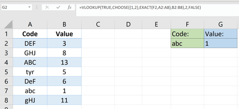 Excel Case sensitive vlookup