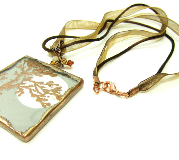 Copper Moon Necklace Soldered Glass Pendant Full Moon & Tree, Swarovsk ...