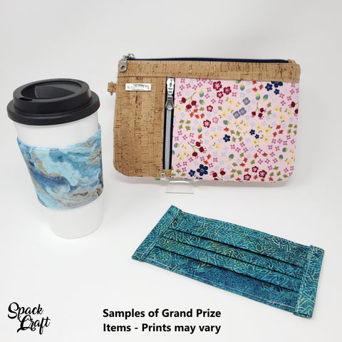Image showing samples of Grand Prize items - a cup cozy, a zippy clutch and a pleated face mask