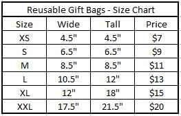 Gift Bag Size and Price Chart