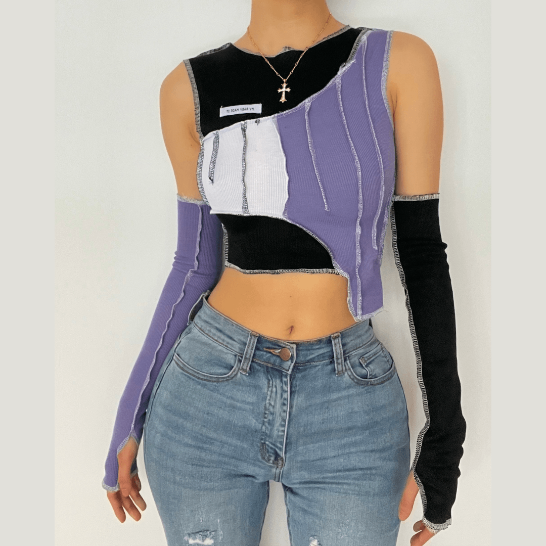 Patchwork off shoulder gloves ribbed crop top – Halibuy