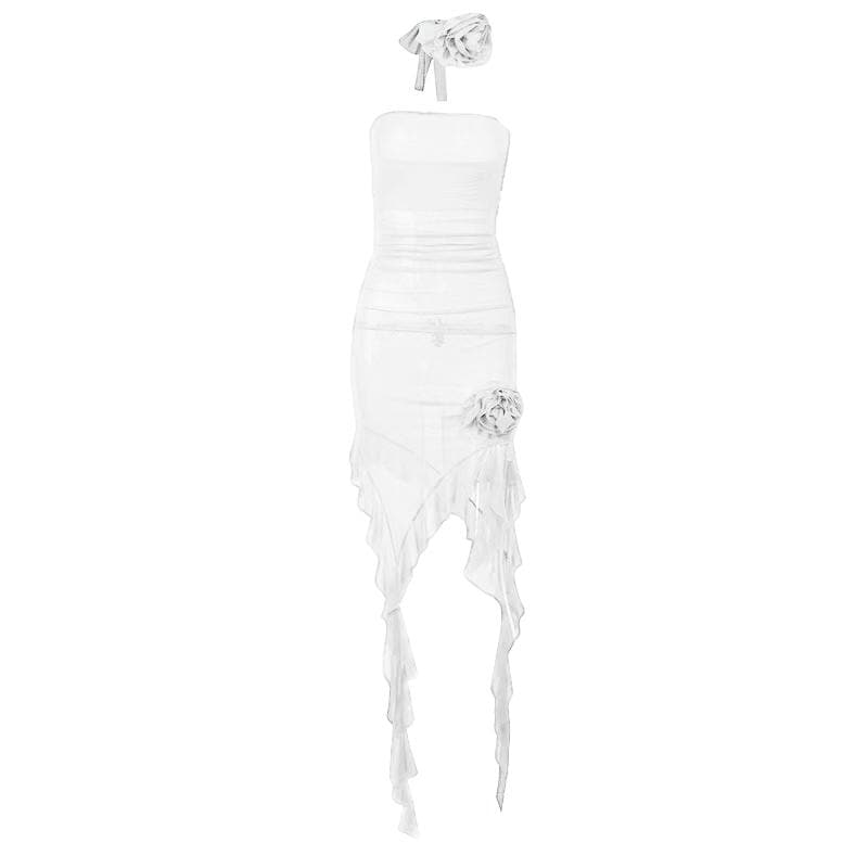 Solid slit sheer mesh see through flower applique mini dress - Final Sale