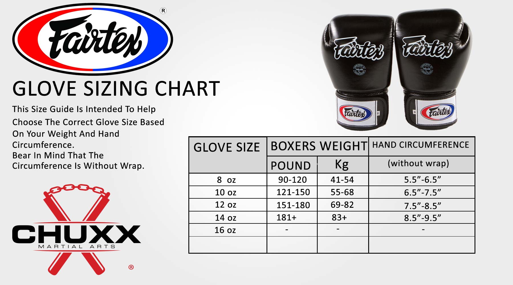 Fairtex Boxing Gloves Size Chart