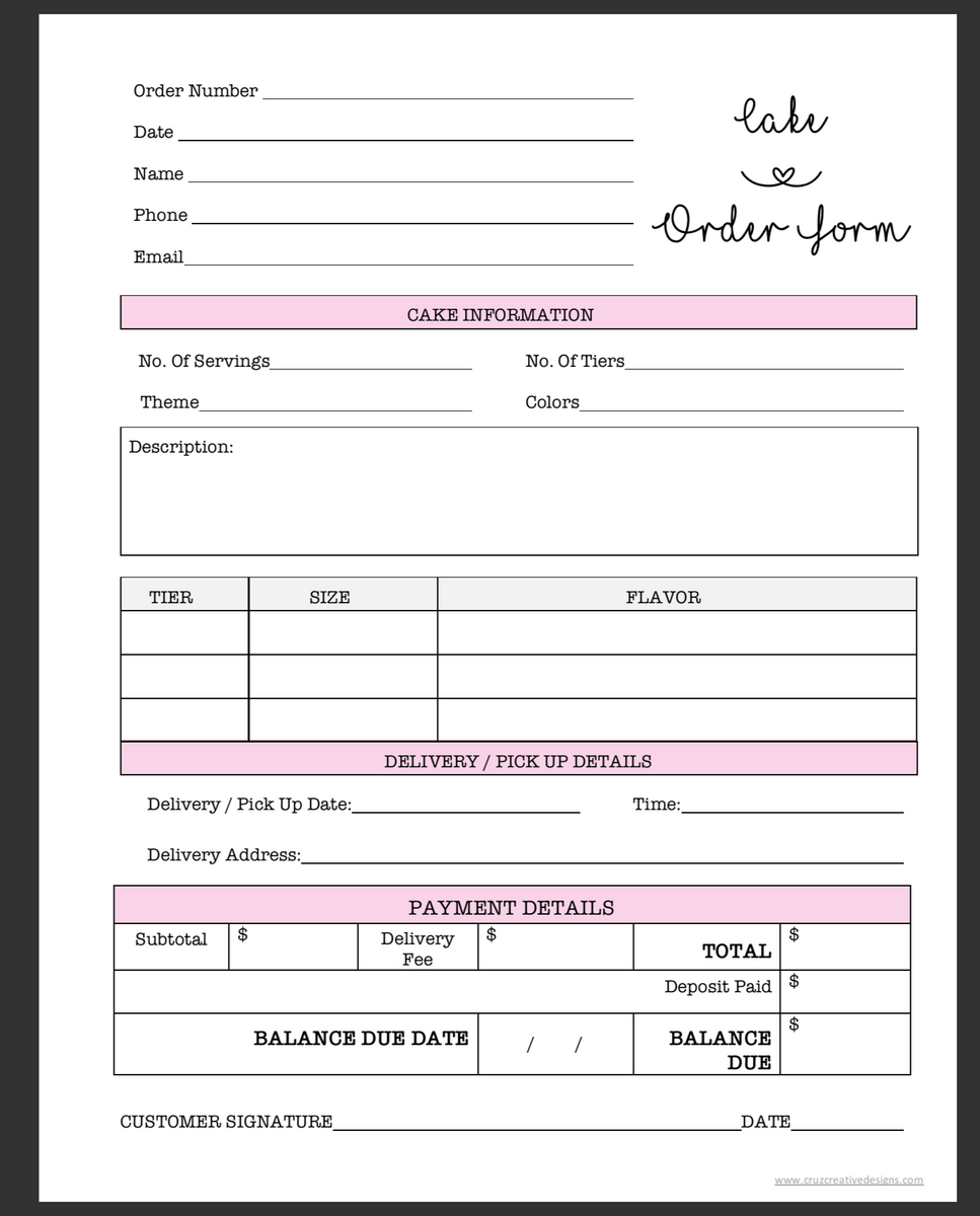 Printable Cake Order Form Template