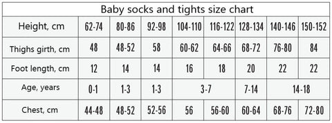 Baby socks and tights size chart