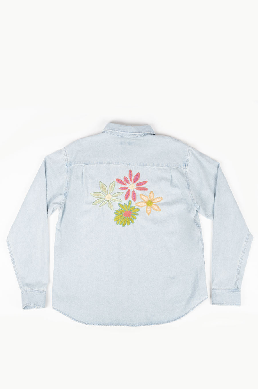 STUSSY FLOWER EMBROIDERED DEMIN LS SHIRT LIGHT BLUE