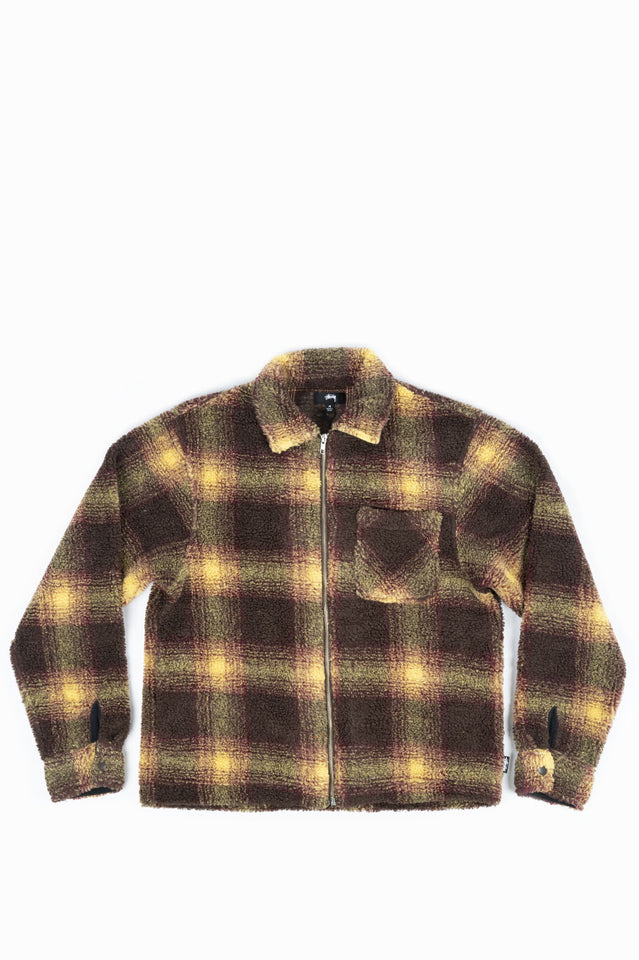 STUSSY SHADOW PLAID SHERPA ZIP SHIRT BROWN | BLENDS