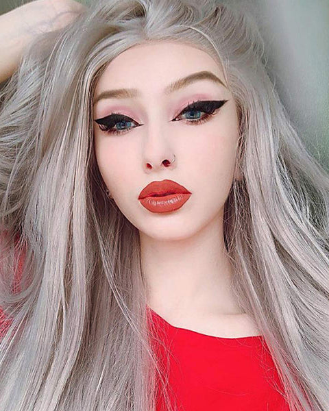 Long Natural Wavy Middle Part Synthetic Replacement Hair Grey Wigs