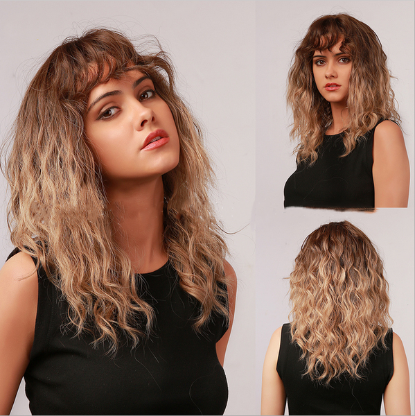 Brown Blonde Ombre Synthetic Heat Resistant Wig Bangs Women Cosplay Natural Hair