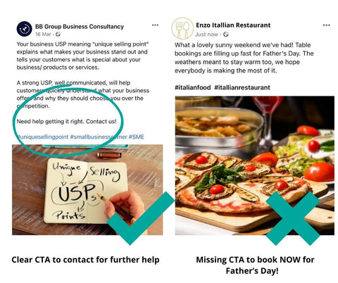 Examples of good and bad CTA's in social media posts