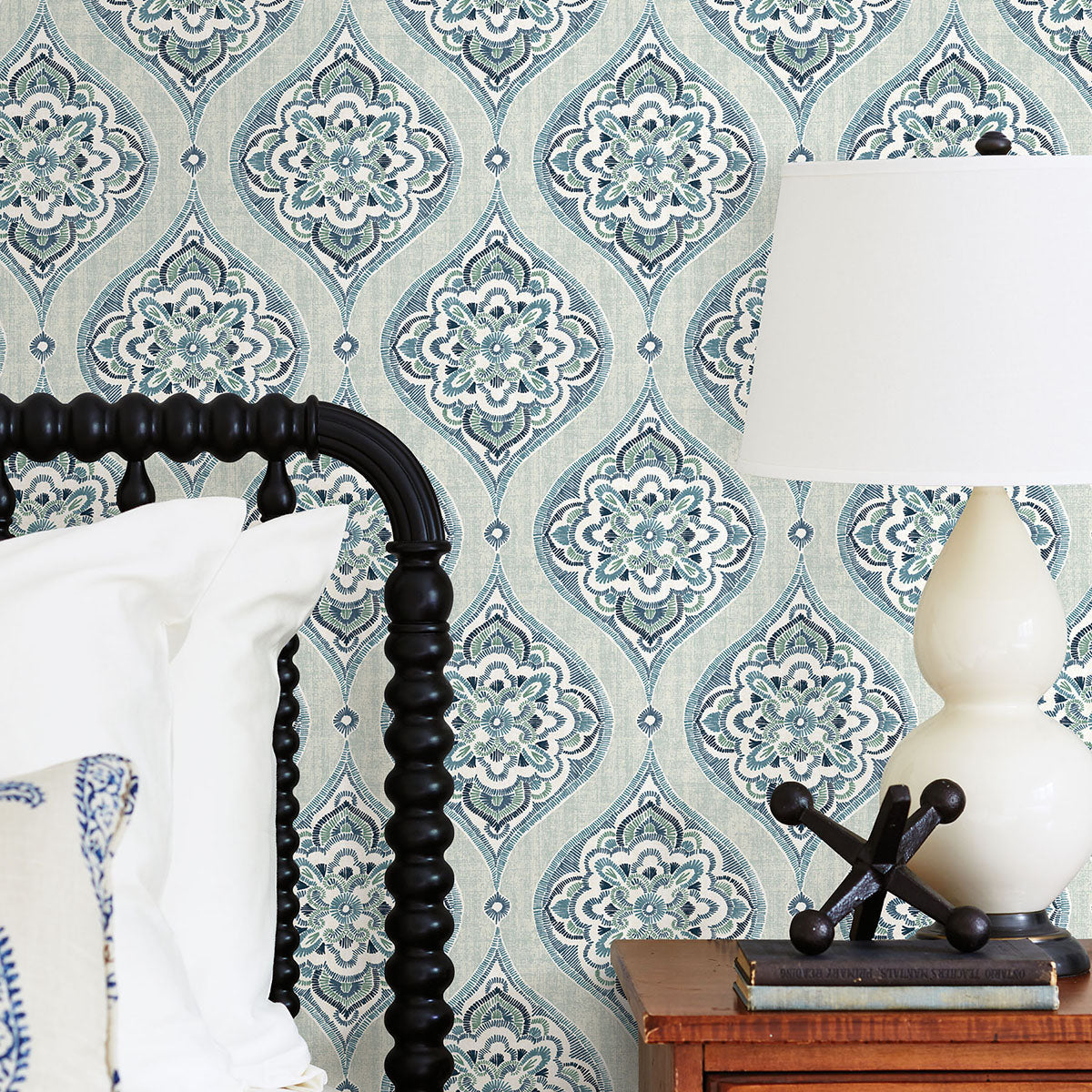 Adele Aqua Damask Wallpaper